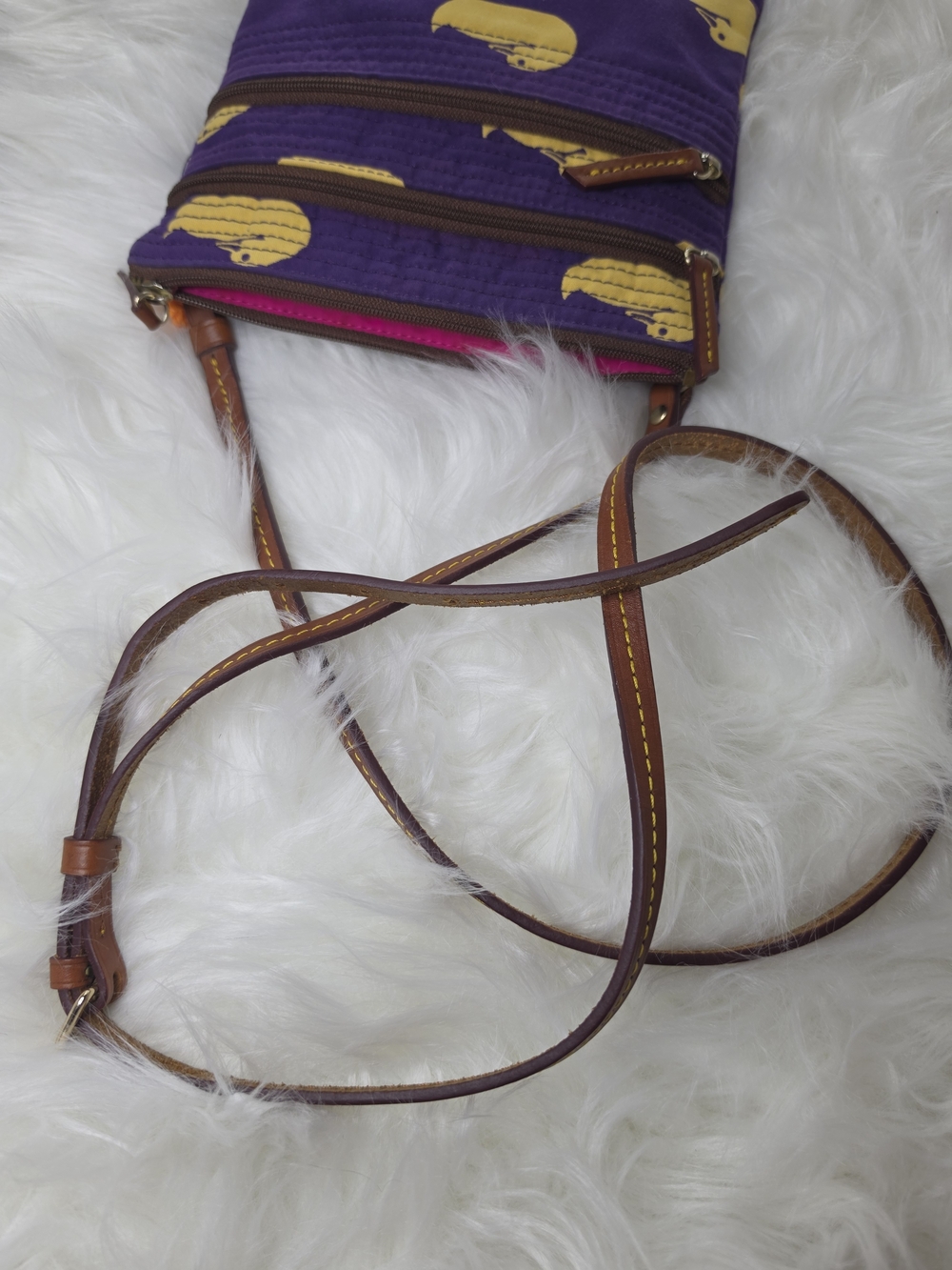 Dooney & Burke Crossbody Bag with Yellow Duck Print on Purple - Picture 4 of 5